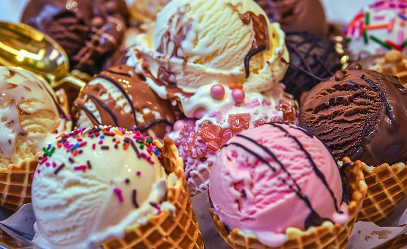 Different flavors of ice cream on a ice ream cones.